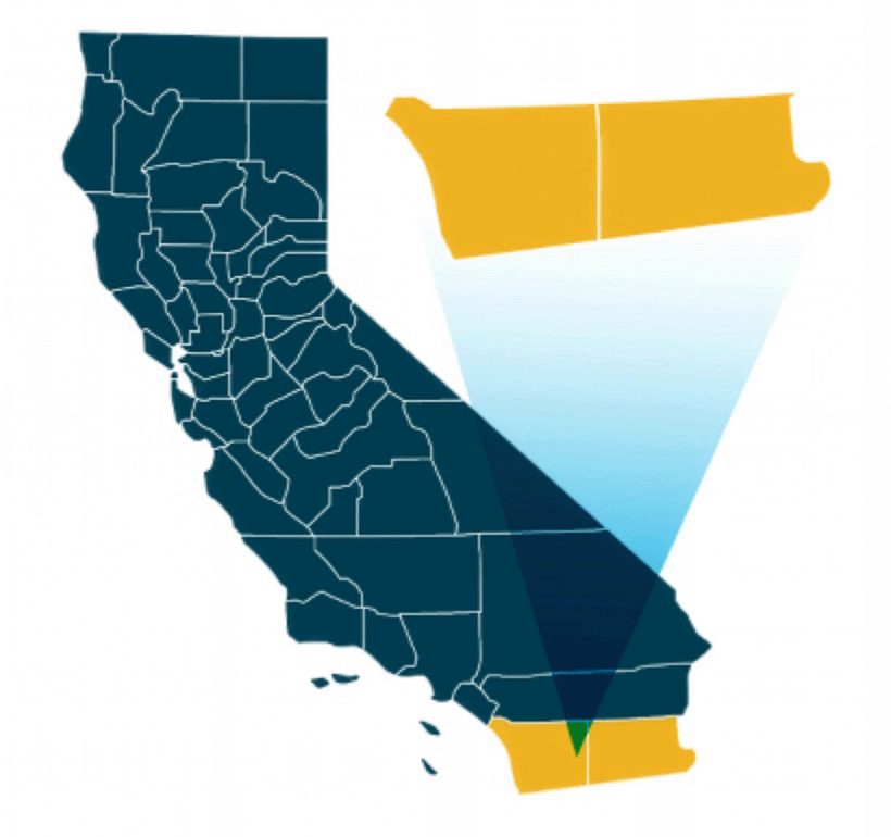California map highlighting Southern Border Region, with Imperial and San Diego counties emphasized and a shaded cone indicating focus area.