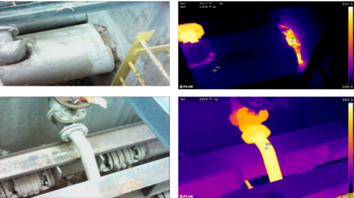 Thermal imaging views of industrial pipes highlighting heat patterns used for energy efficiency assessment.