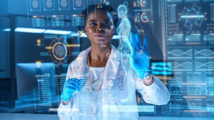 Person interacts with digital interface displaying data and anatomy, representing AI and tech training.