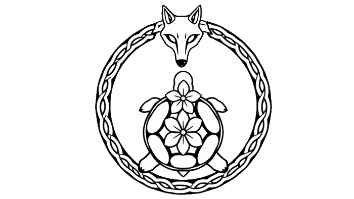 Stylized wolf encircling turtle with floral pattern, symbolizing balance, nature, and environmental storytelling.