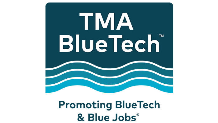 TMA BlueTech logo with wave graphics, representing maritime workforce development and blue economy careers.