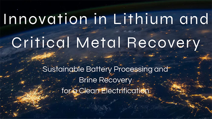 Earth at night with text about lithium and metal recovery, representing clean energy and recycling innovation.